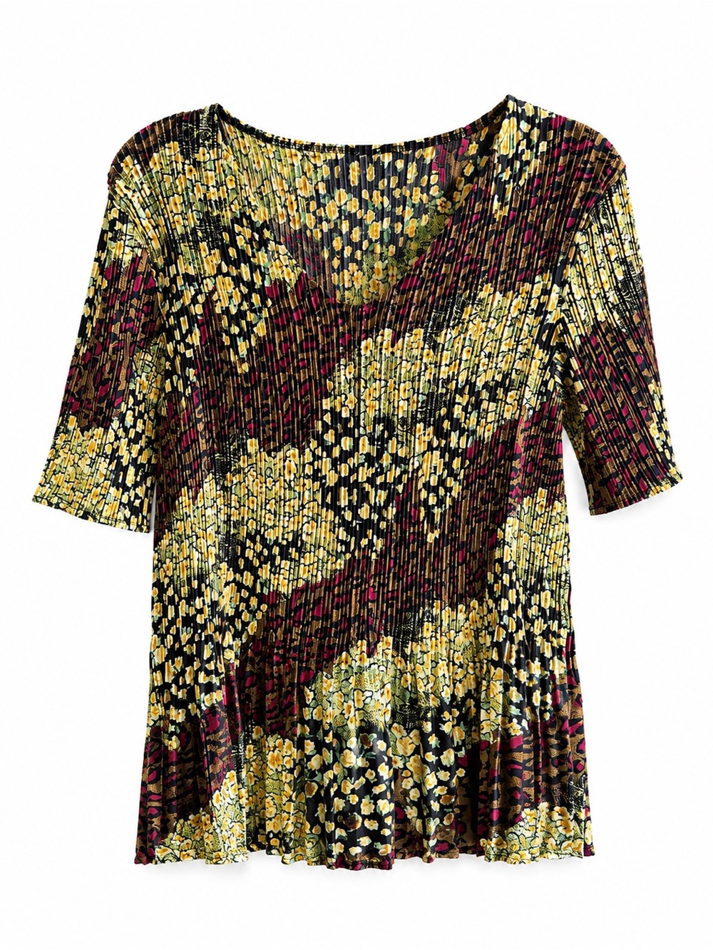 Vintage Pleated Satin Floral & Abstract Print Short Sleeve Top Size M